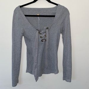 Free People Grey Long Sleeve Lace Up Top